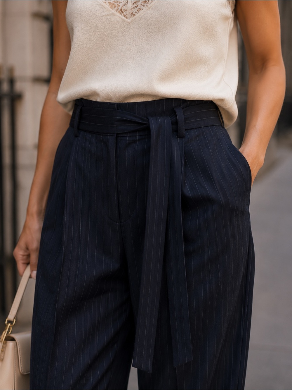 Zara XS Navy Pinstripe Wide Leg Tie Waist Pants High Rise - Picture 2 of 8